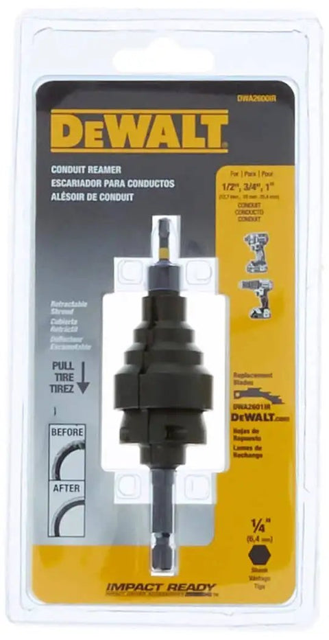 Impact Ready Conduit Reamer For Quarter Inch Hex Shank Impact Drivers Drilling Holes From One Eighth To One Half Inch In Metal Wood Or Plastic One Piece Ground Design Delivers Up To Five Times More Durability Web Taper Increases Rigidity DeWalt DWA2600IR in packaging
