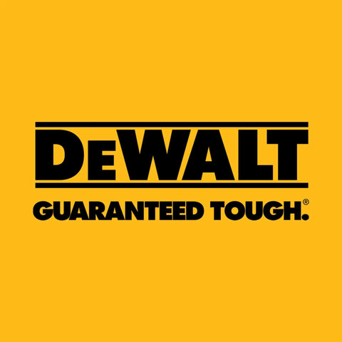 DeWalt logo in black text on a yellow background with slogan 'Guaranteed Tough' beneath the brand name.
