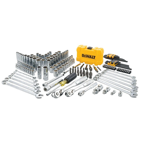 Pro Grade Mechanic Tool Set With Case By DeWalt, 168 Piece Socket Set displayed with case, wrenches, and ratchets