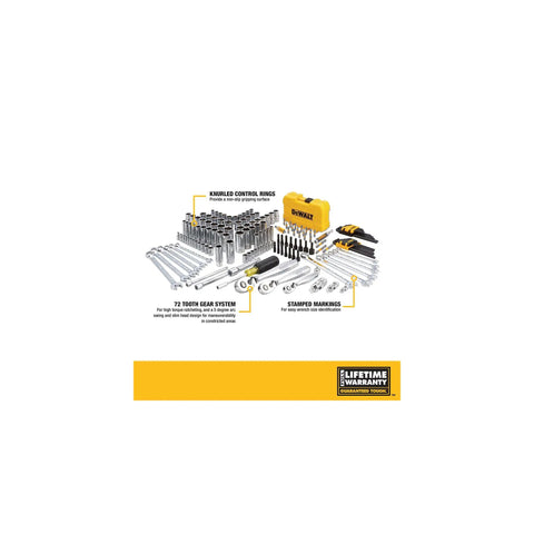 Pro Grade Mechanic Tool Set With Case By DeWalt, 168 Piece Socket Set Metric And Standard displayed with tools and case