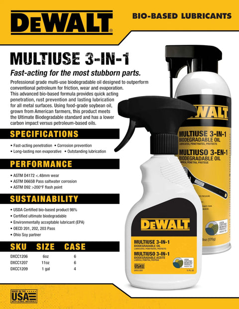 DeWalt 3 In 1 Biodegradable Penetrating Oil bottles with specifications and features listed.