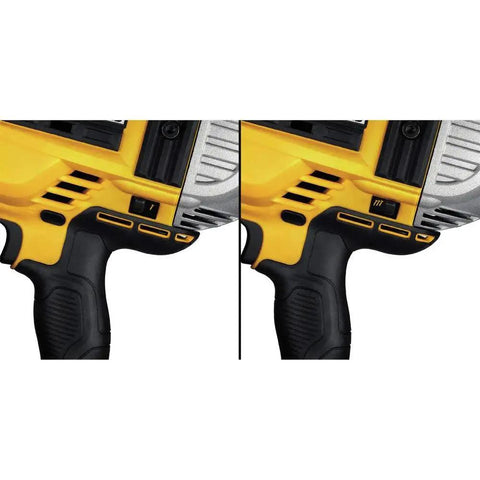 Close-up of DeWalt 20V Max XR cordless framing nailer kit handle, showing dual speed control on yellow and black frame.