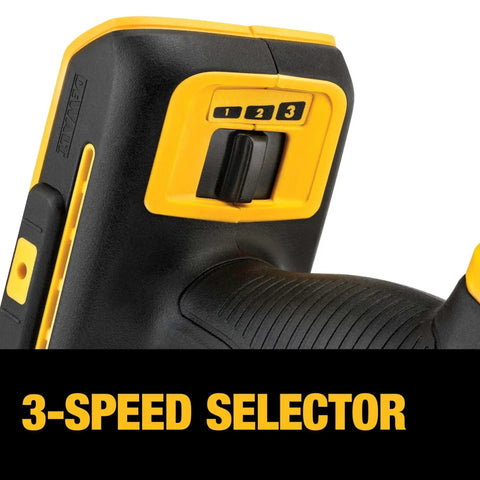 Close-up of DEWALT 20V MAX XR Cordless Oscillating Multi Tool speed selector with three options visible.