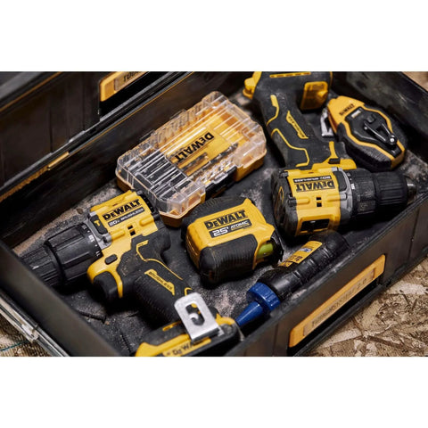 Toolbox containing DEWALT power tools and accessories, featuring a 14 Piece Drill Bit Set With 3 Flats Shank 135 Degree Split Point High Speed Steel For Plastic Wood And Metal.