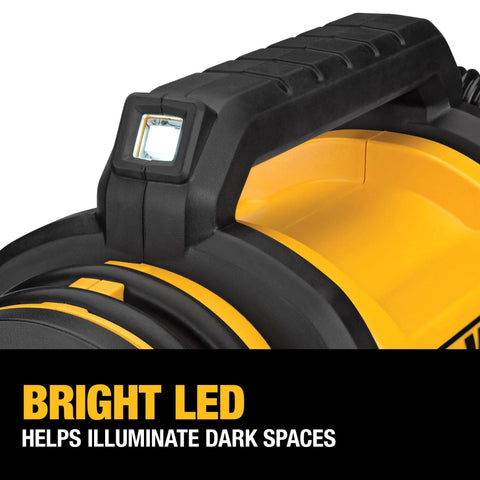 Close-up of DEWALT Tire Inflator Portable Air Compressor 20V MAX showing bright LED light for dark spaces.