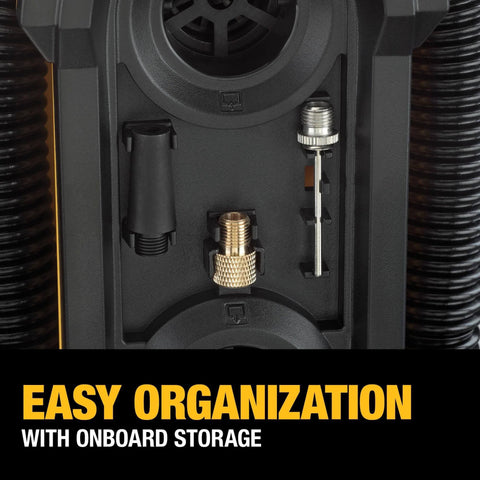 Close-up of DEWALT Tire Inflator Portable Air Compressor 20V MAX, Car Air Pump tool storage compartment