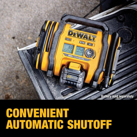 DEWALT Tire Inflator Portable Air Compressor 20V MAX, Car Air Pump with Automatic Shut Off, LED Light, Tool Only on truck bed