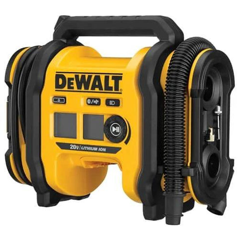 Front view of DEWALT Tire Inflator Portable Air Compressor 20V MAX, Car Air Pump with Automatic Shut Off, LED Light, Tool Only (DCC020IB)