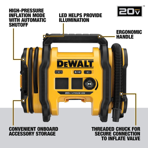 DEWALT Tire Inflator Portable Air Compressor 20V MAX, Car Air Pump with Automatic Shut Off, LED Light, Tool Only, front view