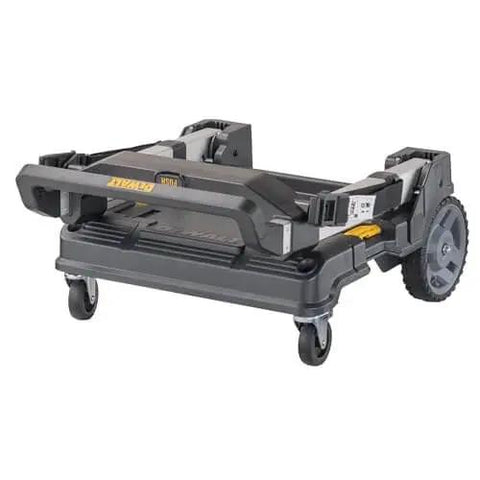 Heavy Duty TSTAK Trolley Cart With 360 Degree Swivel Front Casters And Telescoping Aluminum Handle 200 Lb Load Capacity Stackable Tool Carrier For Garage And Shop Pro Use DeWalt, featuring a compact design with folded handle and large rear wheels.