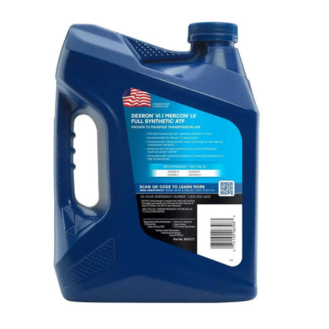 Back view of Dexron VI Mercon LV Full Synthetic ATF, 1 Gallon container for Automatic Transmissions, showing label with features.