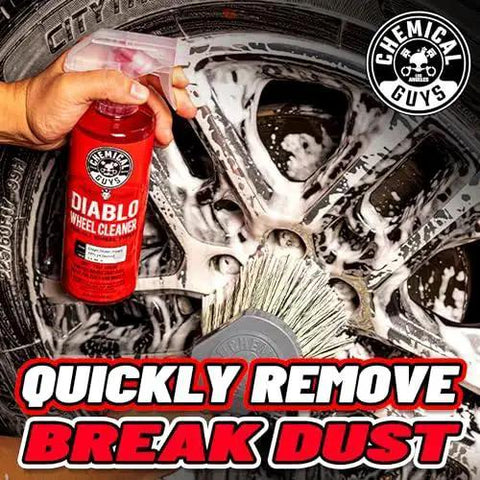 Diablo Wheel Cleaner Spray Two Pack 16 Oz Bottles in use on chrome wheel, removing brake dust and grime effectively.