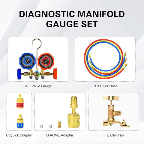 Three Point Five CFM Vacuum Pump With Three Way Manifold Gauge Set for HVAC Refrigeration shown with valve gauge, color hoses.