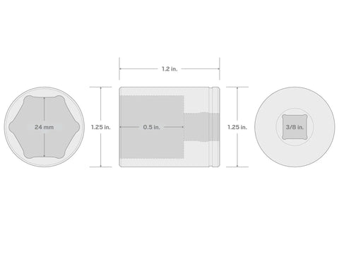 Diagram of 3/8 Inch Drive 24 Mm Shallow 6 Point Socket For Hex Fasteners showing dimensions and hexagonal design.