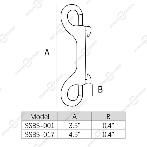 Diagram showing dimensions of Double Ended Bolt Snap Hooks 3.5 Inch Stainless Steel Marine Grade 316