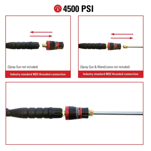 Dial N Wash Adjustable Pressure Regulator For Pressure Washers 4500 PSI M22 Quick Connect Twist Control close-up with arrow indicators