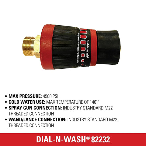 Dial N Wash Adjustable Pressure Regulator For Pressure Washers 4500 PSI M22 Quick Connect Twist Control with specifications shown