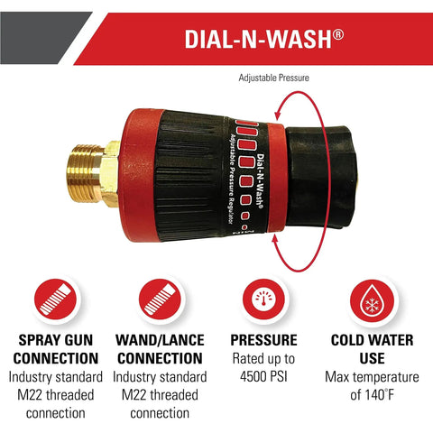 Dial N Wash Adjustable Pressure Regulator For Pressure Washers 4500 PSI M22 Quick Connect with spray gun connection features