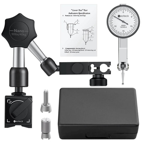 Dial Test Indicator with Magnetic Base Stand and Storage Case, 0-0.03"/0.0005" Test Indicator Set with 2 Steel Dovetail Clamps