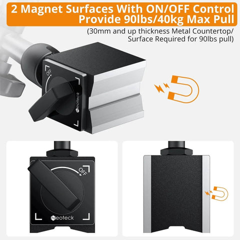 Top and side view of dial test indicator's magnetic base stand with ON/OFF control, showcasing dual magnet surfaces and grip handle.