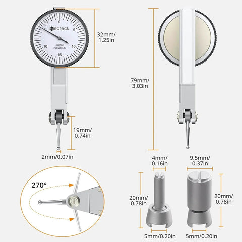 Dial Test Indicator with Magnetic Base Stand and Storage Case, 0-0.03"/0.0005" Test Indicator Set dimensions diagram