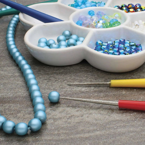 Diamond Tipped Bead Reamer Set For Jewelry Making With Color Coded Plastic Handles A Four Piece Steel Diamond Drill Kit To Enlarge Holes And Smooth Edges The Beadsmith with turquoise beads and a bead tray.