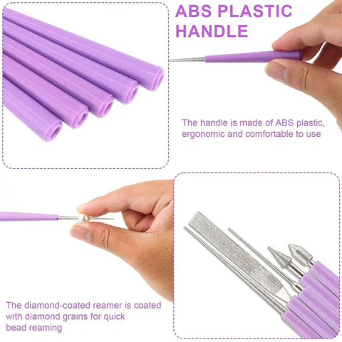 Diamond Tipped Bead Reamer Set For Jewelry Making And Bead Hole Enlargement Five Piece Pro Grade Handy Tool in use with ABS plastic handles