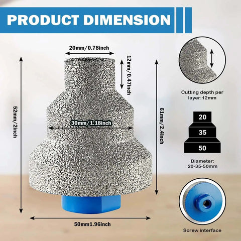 Product dimensions of Versatile Diamond Step Chamfer Drill Bit Set Diamond Brazed With Multi Layer Tapered Reamer 20mm 35mm 50mm for Metal Wood Concrete Tile Marble Engineered Stone Do It All. Details show measurements and features.