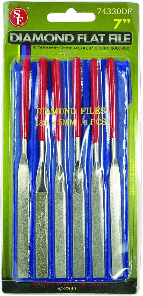 Six‑Piece Flat Diamond Grit File Set in packaging with 7-inch files, red handles, and blue PVC pouch.