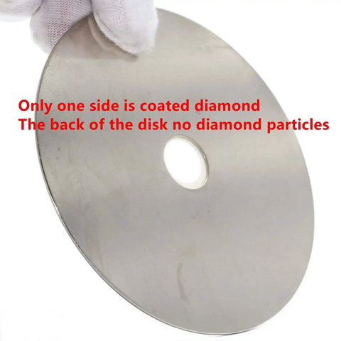 Side view of 4 Inch Diamond Flat Lap Disc 100mm Grit 320 Coated Grinding Disk with Five Eighths Inch Arbor, one side showing diamond coating.
