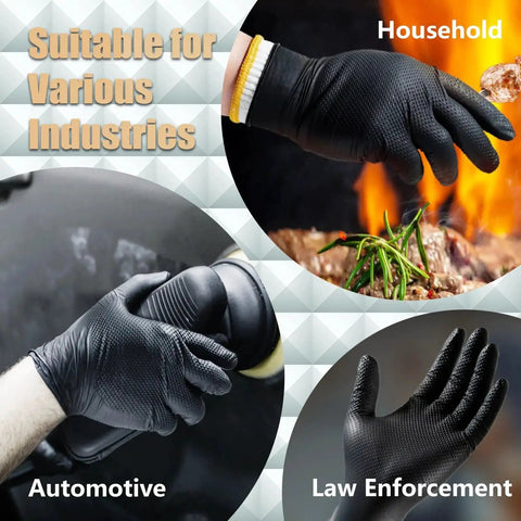 Collage of Heavy Duty Diamond Grip Nitrile Gloves 8 Mil Puncture and Chemical Resistant 100 in automotive, household, and law enforcement use