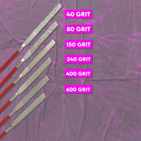 Six‑Piece Flat Diamond Grit File Set in various grit sizes for precision shaping and deburring with red handles displayed on a surface.