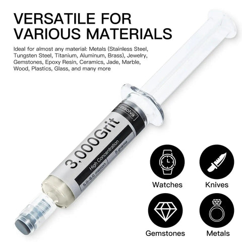 Diamond polishing compound with 30% diamond powder, 5-6 micron grit, oil-based paste delivers fast scratch removal and a brilliant gloss