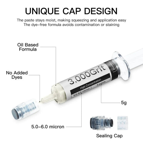 Diamond polishing compound with 30% diamond powder, 5-6 micron grit, oil-based paste in syringe with cap design