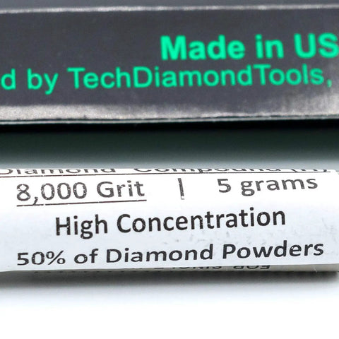 Diamond Polishing Compound Paste 8000 Grit 0-2 Microns label showing high concentration and USA manufacturing details.