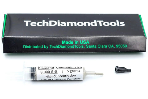 Diamond Polishing Compound Paste 8000 Grit 0-2 Microns For Marble Glass Metal Jewelry Resin Silver Chrome Gemstone USA Made Oil Based High Concentration Of Diamond Powder Delivers Precise Mirror Finish In Professional Workshops And Diy Projects syringe and box