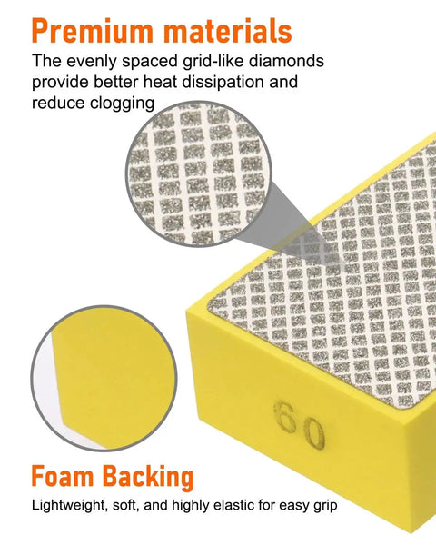 Diamond Polishing Pads Set 6 Grits 60 100 200 400 600 1000 With Foam Backing close-up on 60 grit grid design and foam backing