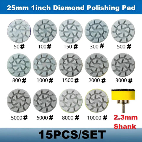 Mini Diamond Polishing Pad Set 14 Pcs Grits 50 to 10000 With Shank Holder displaying all grits with labeled shank