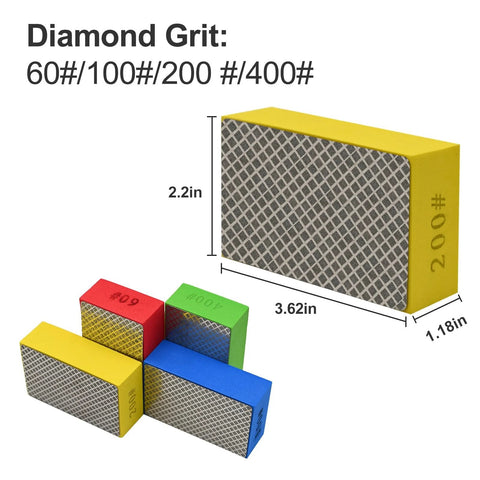 Diamond Hand Polishing Pads Set For Ceramic Tile And Glass 60 120 200 400 Grit showing four color-coded grit pads with dimensions