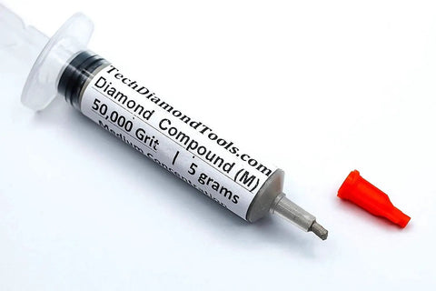 Syringe of oil based diamond polishing paste with 50,000 grit and 25 percent diamond powder for mirror finish