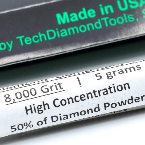 Diamond Polishing Compound Paste 8000 Grit 0-2 Microns For Marble Glass Metal Jewelry Resin Silver Chrome Gemstone USA Made Oil Based High Concentration Of Diamond Powder Delivers Precise Mirror Finish In Professional Workshops And Diy Projects 8,000 grit 5 grams high concentration label close-up