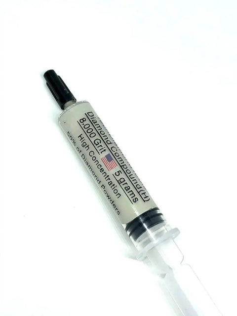 Diamond Polishing Compound Paste 8000 Grit 0-2 Microns, syringe packaging, oil-based, USA made for metal and glass polishing.