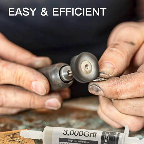 Person using 3,000 grit syringe from eight-pack diamond polishing paste kit for mirror finishes on metal surface.