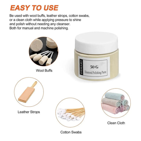 80000 Grit Diamond Polishing Paste With Twenty Five Percent Diamond Powder Point One Micron For Metal Glass Stone Resin Watch Jewelry Gemstones Oil Based High Performance Delivers Mirror Like Finish On Metal Glass Stone Resin And Watch Parts 50 Gram Pack shown with wool buffs, leather strops, cotton swabs, and clean cloths
