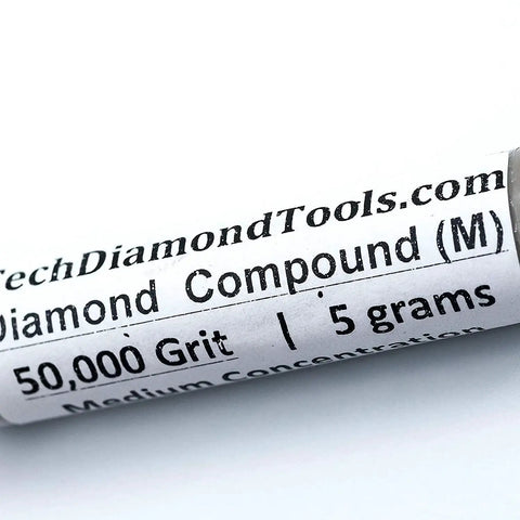 Tube labeled 'Diamond Compound 50,000 Grit, 5 grams,' suitable for jewelry making and metalworking with USA made quality.