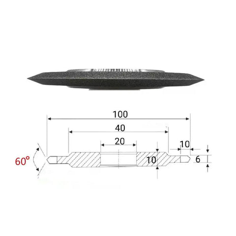 Side view of Diamond Grinding Wheel 4 Inch With V Shaped Groove 60 Degree Electroplated showing dimensions and profile for hard alloy sharpening.