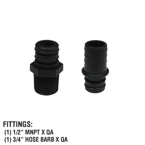 Two fittings for Everflo 12V On-Demand Diaphragm Sprayer Pump - 5.5GPM, 60 PSI, Quick Attach Ports, shown in black.
