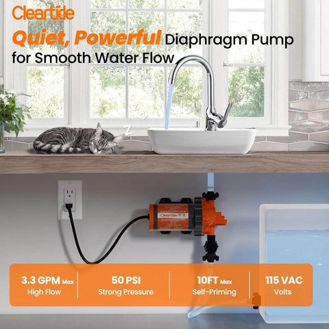 Cleartide Diaphragm Water Pump, 115V, 3.3 GPM, 50 PSI, Self-Priming 10FT, enhancing home water flow, installed beneath kitchen sink