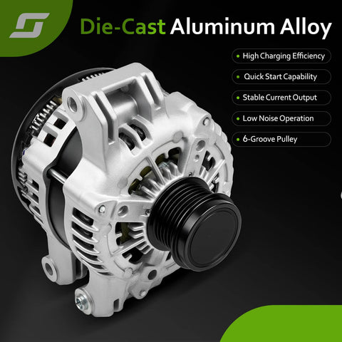 Beefed-Up Replacement Alternator For 2011-2018 Chrysler 300, Dodge Charger 3.6L V6 - Die-Cast Aluminum, 6-Groove Pulley Front View
