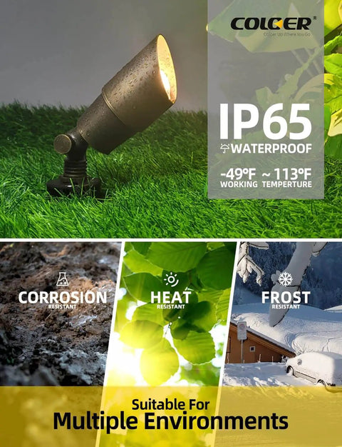 Warm White Die Cast Brass Outdoor Spotlight For Landscape Lighting 12V Low Voltage MR16 LED Bulb 2700K 450LM CRI 85 Plus 5W Directional Garden Patio Up Light COLOER 101B showcasing durability and waterproof features.